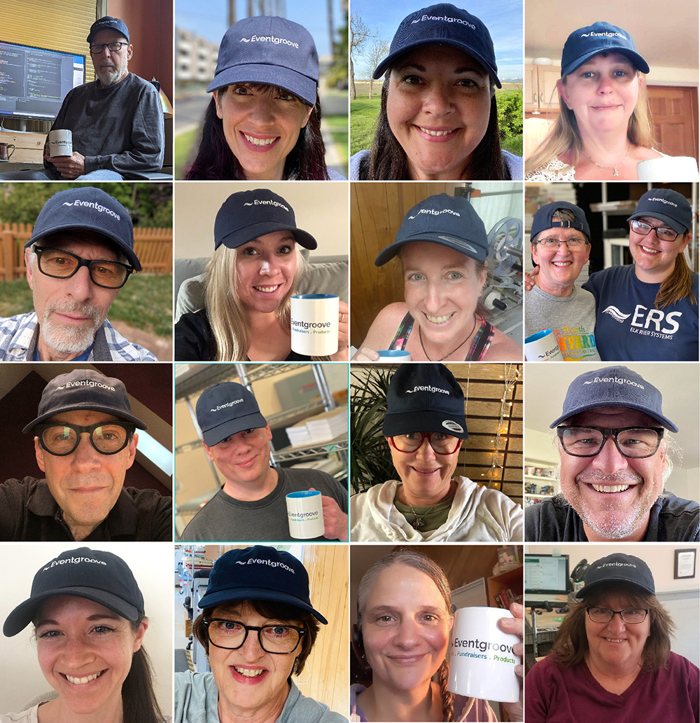 A collage of Eventgroove employees all wearing custom promo merch in the form of baseball hats with the Eventgroove logo