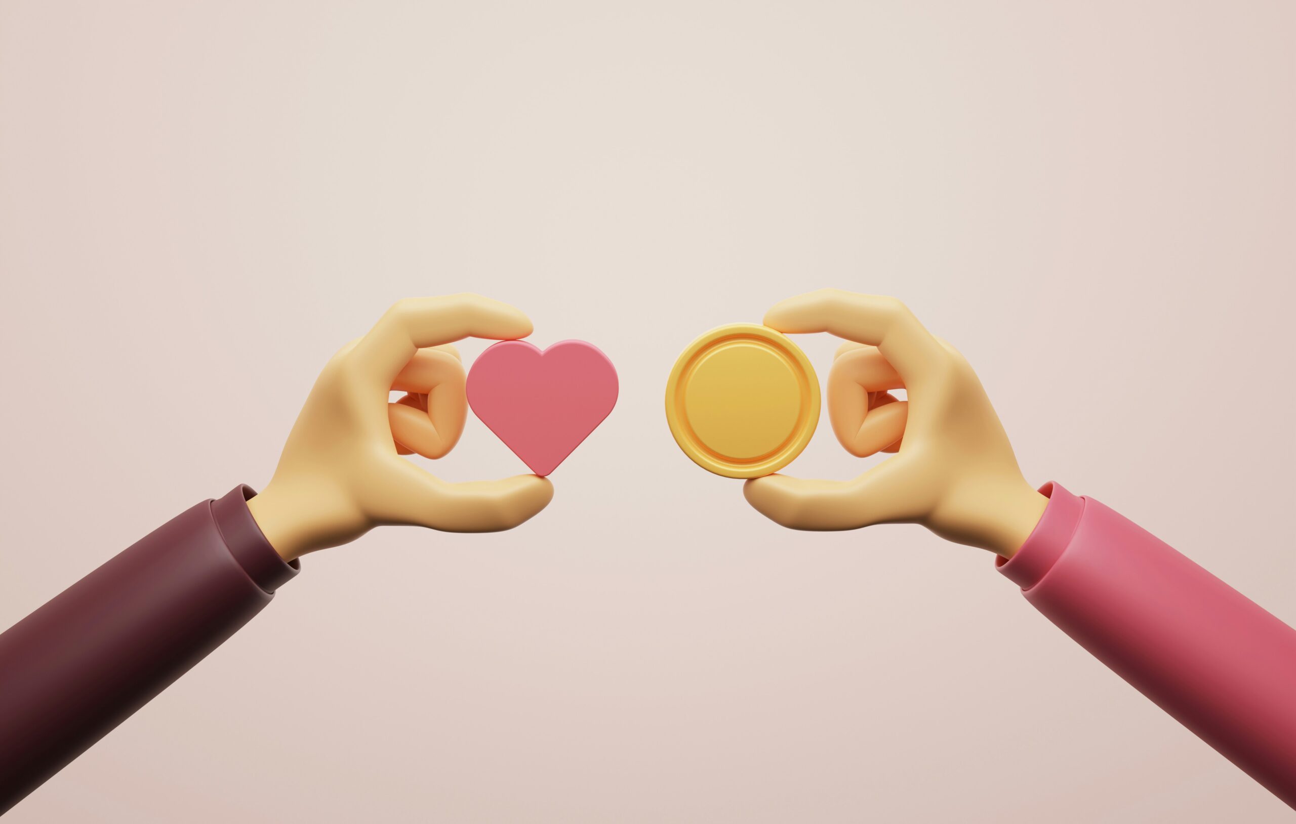 an animated hand holding a coin and an animated hand holding a heart symbolising giving to to a nonprofit